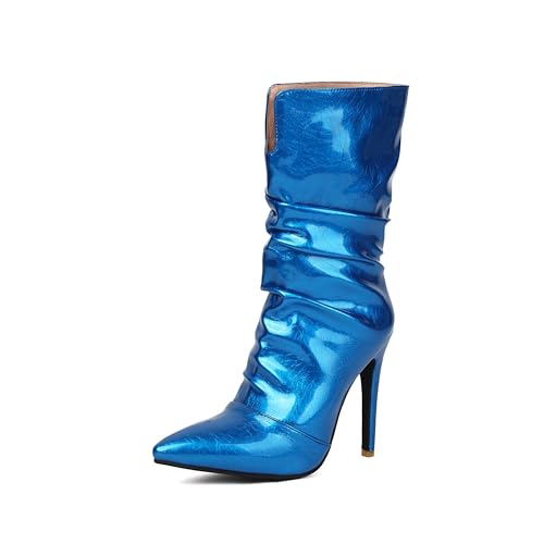 Lroey Reoly Damen Stiletto Höhe Ferse Hohe Stiefel Pointed Toe Slouch Dx976 Blau Gr 44 EU von Lroey Reoly