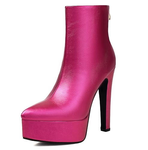 Lroey Reoly Damen Stiletto Höhe Ferse Stiefeletten mit Plateau Pointed Toe Party Stiefeletten Dx933 Rose-Rot Gr 47 EU von Lroey Reoly