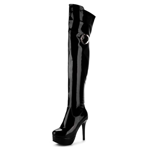 Lroey Reoly Damen-Stiletto-Overknee-Stiefel, Abendstiefel Runde Zehen Höhe Ferse Overknees Stiefel Zip mit Plateau, H8488Km Schwarz Gr 40 EU von Lroey Reoly