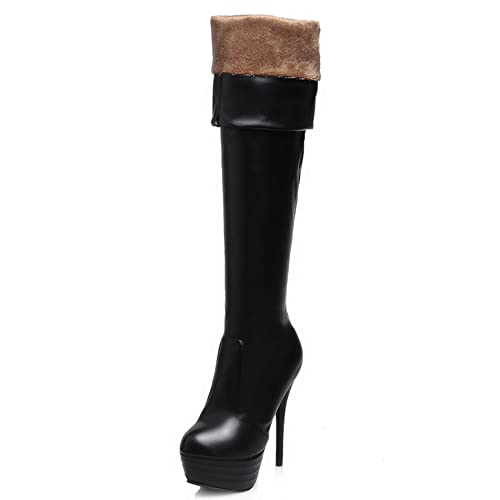 Lroey Reoly Damen Stiletto Overknee Stiefel, Anzugstiefel Elegant Ohne Verschluss Overknees Stiefel Höhe Ferse Runde Zehen mit Plateau Winterstiefel 330 Schwarz/Hm Gr 39 EU von Lroey Reoly