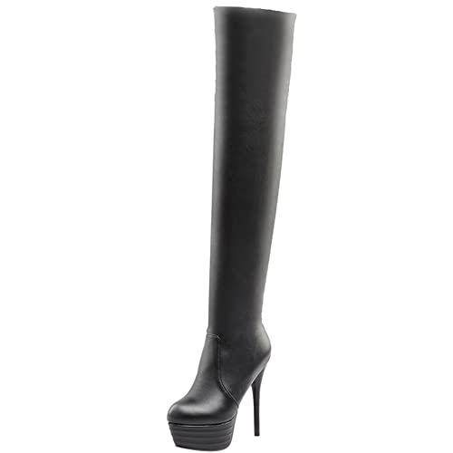 Lroey Reoly Damen Stiletto Overknee Stiefel, Anzugstiefel Höhe Ferse Runde Zehen Boots Zip Plateau 198 Schwarz-Br Gr 45 EU von Lroey Reoly