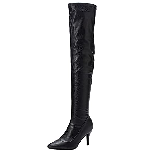 Lroey Reoly Damen Stiletto Overknee Stiefel, Partystiefel Höhe Ferse Pointed Toe Boots Zip 055 Schwarz Gr 42 EU von Lroey Reoly