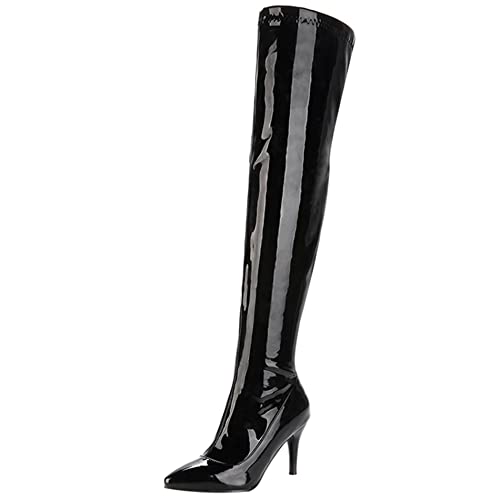 Lroey Reoly Damen Stiletto Overknee Stiefel, Partystiefel Höhe Ferse Pointed Toe Feste Stiefel Zip 061 Schwarz Gr 48 EU von Lroey Reoly