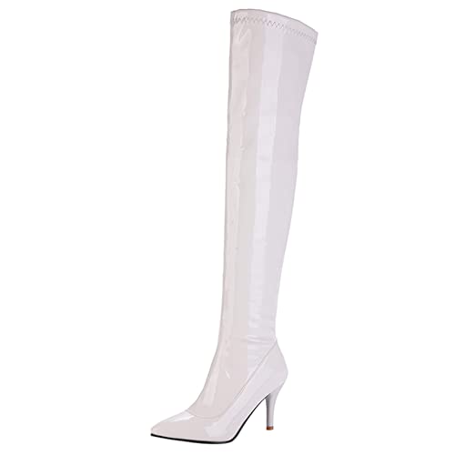 Lroey Reoly Damen Stiletto Overknee Stiefel, Partystiefel Höhe Ferse Pointed Toe Feste Stiefel Zip 061 Weiß Gr 47 EU von Lroey Reoly