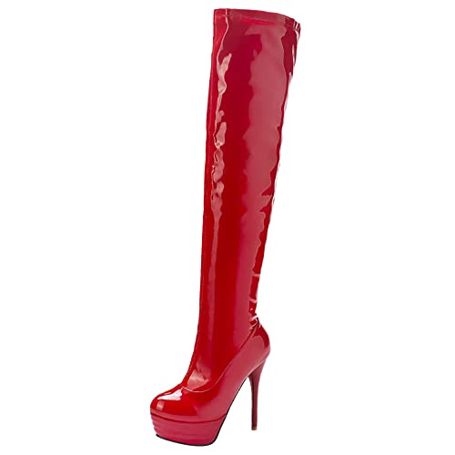 Damen Stiletto Overknee Stiefel, Partystiefel Höhe Ferse Runde Zehen Boots Zip Plateau 063 Rot Gr 40 EU von Lroey Reoly