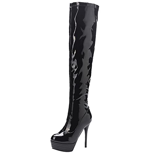 Lroey Reoly Damen Stiletto Overknee Stiefel, Partystiefel Höhe Ferse Runde Zehen Boots Zip Plateau 063 Schwarz Gr 39 EU von Lroey Reoly
