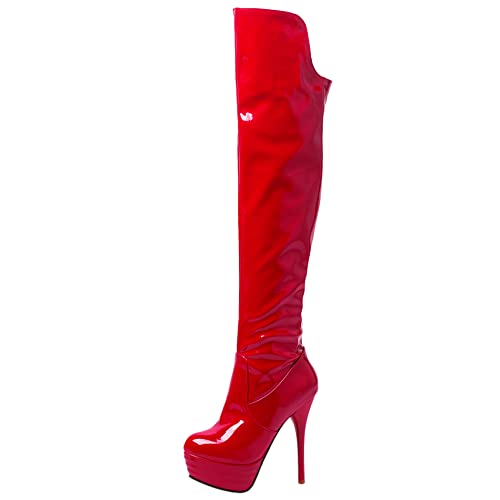 Damen Stiletto Overknee Stiefel, Partystiefel Höhe Ferse Runde Zehen Boots Zip Plateau Solid 062 Rot Gr 40 EU von Lroey Reoly