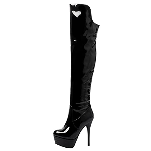 Damen Stiletto Overknee Stiefel, Partystiefel Höhe Ferse Runde Zehen Boots Zip Plateau Solid 062 Schwarz Gr 45 EU von Lroey Reoly