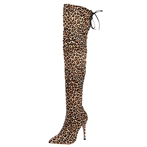 Lroey Reoly Damen Stiletto Overknee Stiefel, Partystiefel Mode Zip Overknees Stiefel Höhe Ferse Pointed Toe 360 Leopard Gr 44 EU von Lroey Reoly