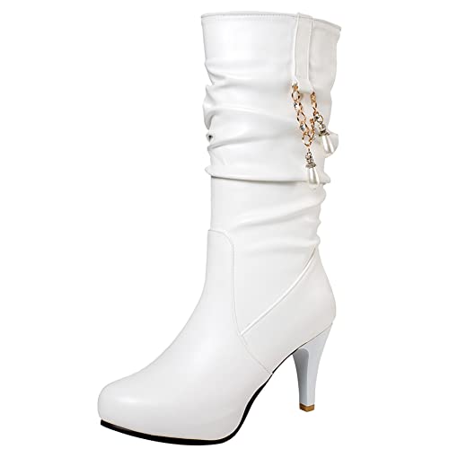 Lroey Reoly Damen Wadenstiefel mit Stiletto, Anzugstiefel Elegant Ohne Verschluss Overknees Stiefel Höhe Ferse Runde Zehen Beaded 322 Weiß Gr 40 EU von Lroey Reoly