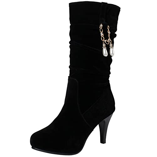 Lroey Reoly Damen Wadenstiefel mit Stiletto, Anzugstiefel Elegant Ohne Verschluss Overknees Stiefel Höhe Ferse Runde Zehen Beaded Winterstiefel 321 Schwarz Gr 44 EU von Lroey Reoly