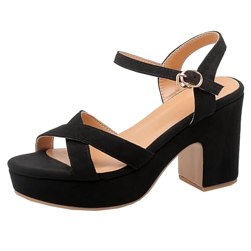 Lroey Reoly Damensandalen, Offene High-Heel-Sandalen Schnalle Sommer Sandale Chunky Heel Sandalen Knöchelriemchen mit Plateau, 4485Bxr Schwarz Gr 39 EU von Lroey Reoly