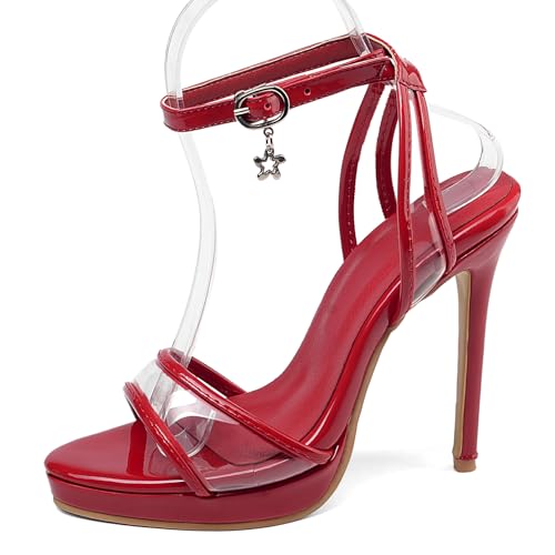 Lroey Reoly Damensandalen, Offene High-Heel-Sandalen Schnalle Stiletto Sandalen Knöchelriemchen mit Plateau Transparent, 17664Xdk Rot Gr 44 EU von Lroey Reoly