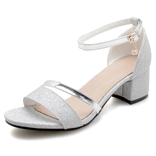 Lroey Reoly Damensandalen, Offene Sandalen mit Mittelhohem Absatz Schnalle Blockabsatz Sandalen Knöchelriemchen Glitzer, 5694Efq Silber Gr 38 EU von Lroey Reoly