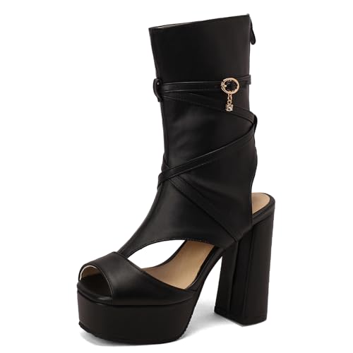 Lroey Reoly Damensandalen, Peeptoe-Sandalen Aus Rom mit Hohem Absatz Zip Chunky Heel Sandalen mit Plateau, 2042Bqx Schwarz Gr 47 EU von Lroey Reoly