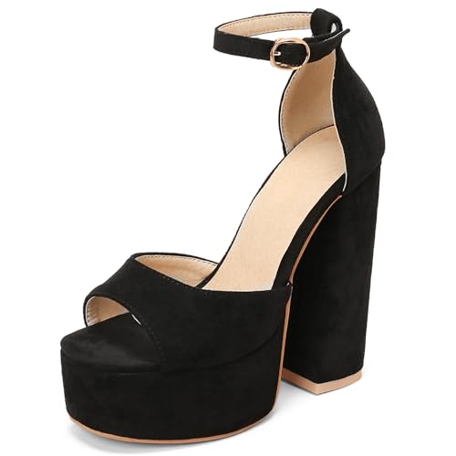 Lroey Reoly Damensandalen, Peeptoe-Sandalen mit Hohem Absatz Schnalle Chunky Heel Sandalen Knöchelriemchen mit Plateau Party-Sandale, 1189Gpl Schwarz Gr 34 EU von Lroey Reoly