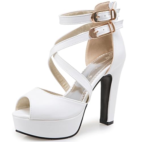 Lroey Reoly Damensandalen, Peeptoe-Sandalen mit Hohem Absatz Zip Blockabsatz Sandalen Knöchelriemchen mit Plateau Solid, 6411Cux Weiß Gr 50 EU von Lroey Reoly