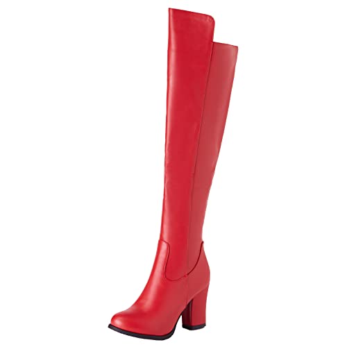 Lroey Reoly Damenstiefel mit Blockabsatz Über Dem Knie Runde Zehe Hoher Absatz Winterstiefel Zip Party Lange Stiefel Overknee Rot Gr 38 EU von Lroey Reoly