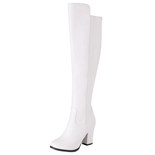 Lroey Reoly Damenstiefel mit Blockabsatz Über Dem Knie Runde Zehe Hoher Absatz Winterstiefel Zip Party Lange Stiefel Overknee Weiß Gr 42 EU von Lroey Reoly