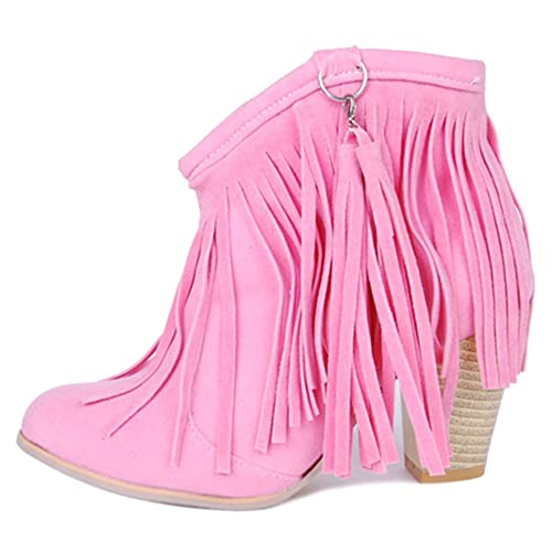 Lroey Reoly Damenstiefeletten mit Blockabsatz, Fransen Stiefel Elegant Ohne Verschluss Kurzschaft Stiefel Höhe Ferse Runde Zehen Quasten 356 Pink Gr 47 EU von Lroey Reoly