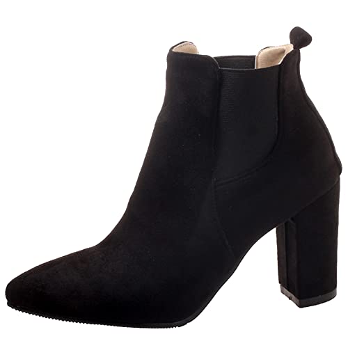 Lroey Reoly Damenstiefeletten mit Blockabsatz, Kleid Stiefeletten Höhe Ferse Pointed Toe Stiefeletten Ohne Verschluss 065 Schwarz Gr 33 EU von Lroey Reoly