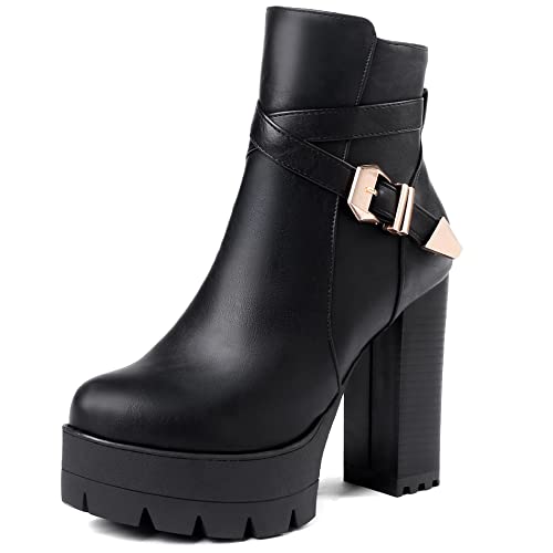Lroey Reoly Damenstiefeletten mit Blockabsatz, Kleid Stiefeletten Höhe Ferse Runde Zehen Stiefeletten Zip Plateau 245 Schwarz Gr 43 EU von Lroey Reoly