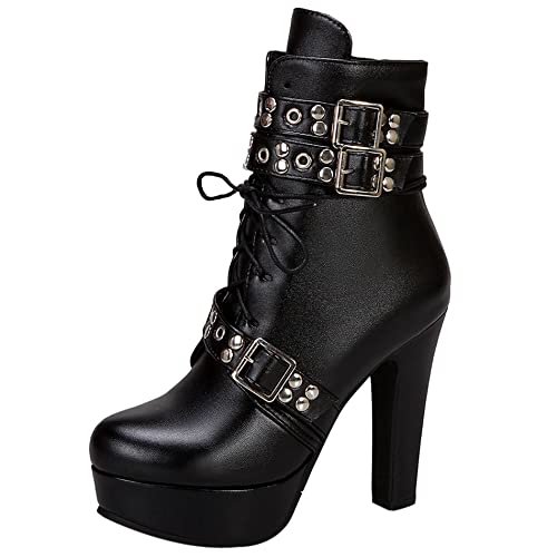 Lroey Reoly Damenstiefeletten mit Blockabsatz, Partystiefel Höhe Ferse Runde Zehen Boots Plateau Zip 160 Schwarz Gr 42 EU von Lroey Reoly