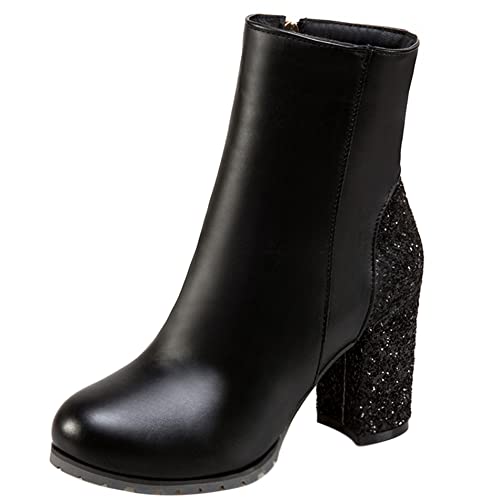 Lroey Reoly Damenstiefeletten mit Blockabsatz, Partystiefel Höhe Ferse Runde Zehen Stiefeletten Zip Pailletten 014 Schwarz Gr 36 EU von Lroey Reoly