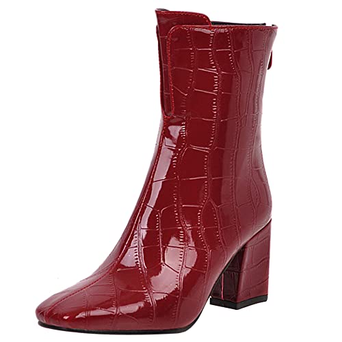 Lroey Reoly Damenstiefeletten mit Blockabsatz, Partystiefel Höhe Ferse Square Toe Stiefeletten Zip Crocodile 184 Rot Gr 46 EU von Lroey Reoly