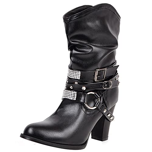 Lroey Reoly Damenstiefeletten mit Blockabsatz, Winterstiefel Mode Ohne Verschluss Kurzschaft Stiefel Höhe Ferse Runde Zehen 506 Schwarz Gr 48 EU von Lroey Reoly