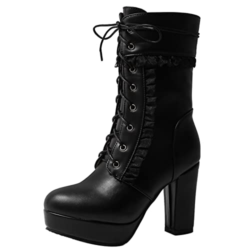 Lroey Reoly Damenstiefeletten mit Blockabsatz, Winterstiefel Mode Zip Kurzschaft Stiefel Höhe Ferse Runde Zehen mit Plateau Ruffles 540 Schwarz Gr 33 EU von Lroey Reoly