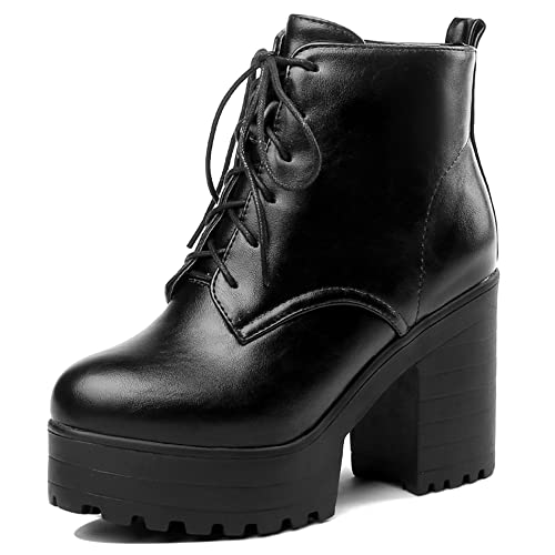 Lroey Reoly Damenstiefeletten mit Chunky Heel, Kampfstiefel Höhe Ferse Runde Zehen Stiefeletten Schnüren Plateau 137 Schwarz/Hm Gr 34 EU von Lroey Reoly