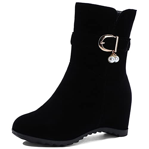 Lroey Reoly Damenstiefeletten mit Keilabsatz, Anzugstiefel Mitte Absatz Runde Zehen Stiefeletten Zip Party Schuhe 002 Schwarz/Br Gr 38 EU von Lroey Reoly