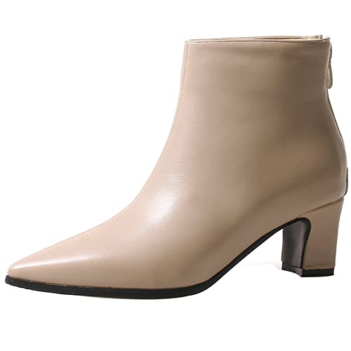 Lroey Reoly Damenstiefeletten mit Kitten-Heel, Anzugstiefel Mitte Absatz Pointed Toe Stiefeletten Solid Zip 075 Beige Gr 38 EU von Lroey Reoly
