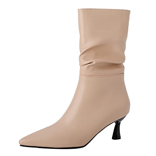 Lroey Reoly Damenstiefeletten mit Kitten-Heel, Kleid Stiefeletten Elegant Ohne Verschluss Kurzschaft Stiefel Mitte Absatz Pointed Toe 371 Aprikose Gr 45 EU von Lroey Reoly