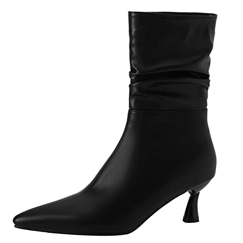 Lroey Reoly Damenstiefeletten mit Kitten-Heel, Kleid Stiefeletten Elegant Ohne Verschluss Kurzschaft Stiefel Mitte Absatz Pointed Toe 371 Schwarz Gr 37 EU von Lroey Reoly