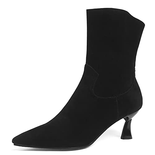 Lroey Reoly Damenstiefeletten mit Kitten-Heel, Kleid Stiefeletten Elegant Ohne Verschluss Kurzschaft Stiefel Mitte Absatz Pointed Toe Solid 370 Schwarz Gr 48 EU von Lroey Reoly