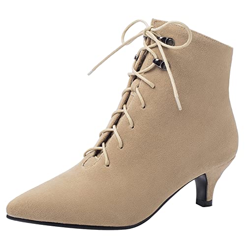 Lroey Reoly Damenstiefeletten mit Kitten-Heel, Kleid Stiefeletten Mitte Absatz Pointed Toe Stiefeletten Schnüren 083 Aprikose Gr 40 EU von Lroey Reoly