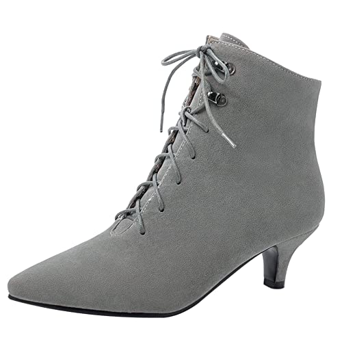 Lroey Reoly Damenstiefeletten mit Kitten-Heel, Kleid Stiefeletten Mitte Absatz Pointed Toe Stiefeletten Schnüren 083 Grau Gr 33 EU von Lroey Reoly