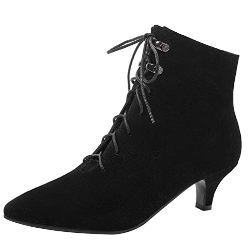 Lroey Reoly Damenstiefeletten mit Kitten-Heel, Kleid Stiefeletten Mitte Absatz Pointed Toe Stiefeletten Schnüren 083 Schwarz Gr 41 EU von Lroey Reoly