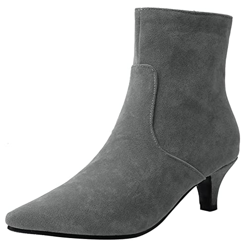 Lroey Reoly Damenstiefeletten mit Kitten-Heel, Kleid Stiefeletten Mitte Absatz Pointed Toe Stiefeletten Zip 082 Grau Gr 39 EU von Lroey Reoly