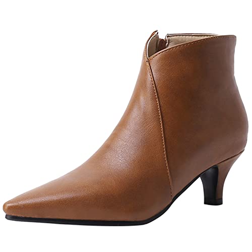 Lroey Reoly Damenstiefeletten mit Kitten-Heel, Kleid Stiefeletten Mitte Absatz Pointed Toe Stiefeletten Zip Simple 081 Braun Gr 32 EU von Lroey Reoly