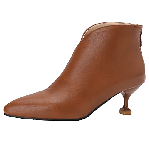 Lroey Reoly Damenstiefeletten mit Kitten-Heel, Kleid Stiefeletten Mitte Absatz Zip Stiefeletten Solid Pointed Toe 084 Braun Gr 38 EU von Lroey Reoly