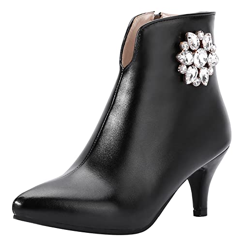 Lroey Reoly Damenstiefeletten mit Kitten-Heel, Partystiefel Höhe Ferse Pointed Toe Stiefeletten Zip Glitzersteine 257 Schwarz/Br Gr 41 EU von Lroey Reoly