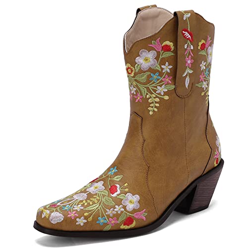 Lroey Reoly Damenstiefeletten mit Westernabsatz, Cowgirl Boots Mitte Absatz Pointed Toe Stiefeletten Ohne Verschluss Bestickt 142 Gelb/Duan Gr 43 EU von Lroey Reoly