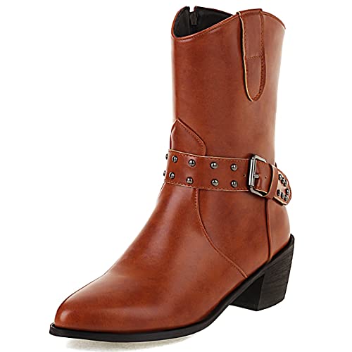 Lroey Reoly Damenstiefeletten mit Westernabsatz, Cowgirl Boots Mitte Absatz Pointed Toe Stiefeletten Zip 204 Gelb Gr 48 EU von Lroey Reoly