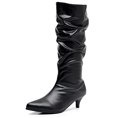 Lroey Reoly Hohe Stiefel Kitten Heel Damen, Lockere Stiefel Leisure Ohne Verschluss Overknees Stiefel Mitte Absatz Pointed Toe 294 Schwarz/Dl Gr 40 EU von Lroey Reoly