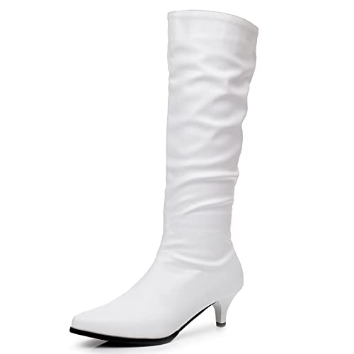 Hohe Stiefel Kitten Heel Damen, Lockere Stiefel Leisure Ohne Verschluss Overknees Stiefel Mitte Absatz Pointed Toe 294 Weiß/Dl Gr 38 EU von Lroey Reoly