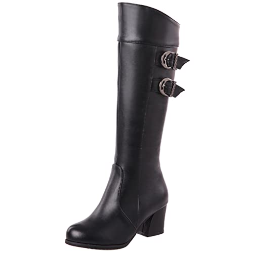 Lroey Reoly Kniehohe Damenstiefel mit Blockabsatz, Anzugstiefel Elegant Zip Overknees Stiefel Mitte Absatz Runde Zehen 244 Schwarz-Dl Gr 50 EU von Lroey Reoly