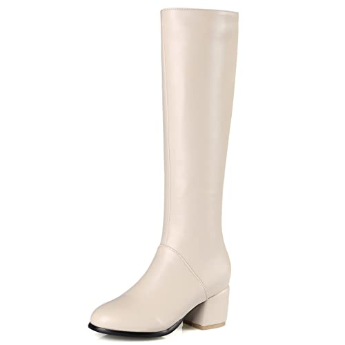 Lroey Reoly Kniehohe Damenstiefel mit Blockabsatz, Anzugstiefel Mitte Absatz Runde Zehen Boots Zip 084 Beige Gr 40 EU von Lroey Reoly